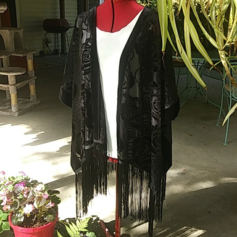 Fringed Velvety Burnout Kimono style Jacket Cover-up